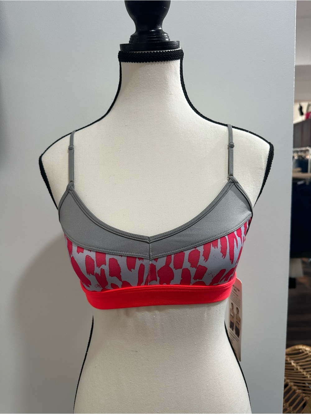 ALO Yoga Gray and Pink Printed Sports Bralette with Red Band